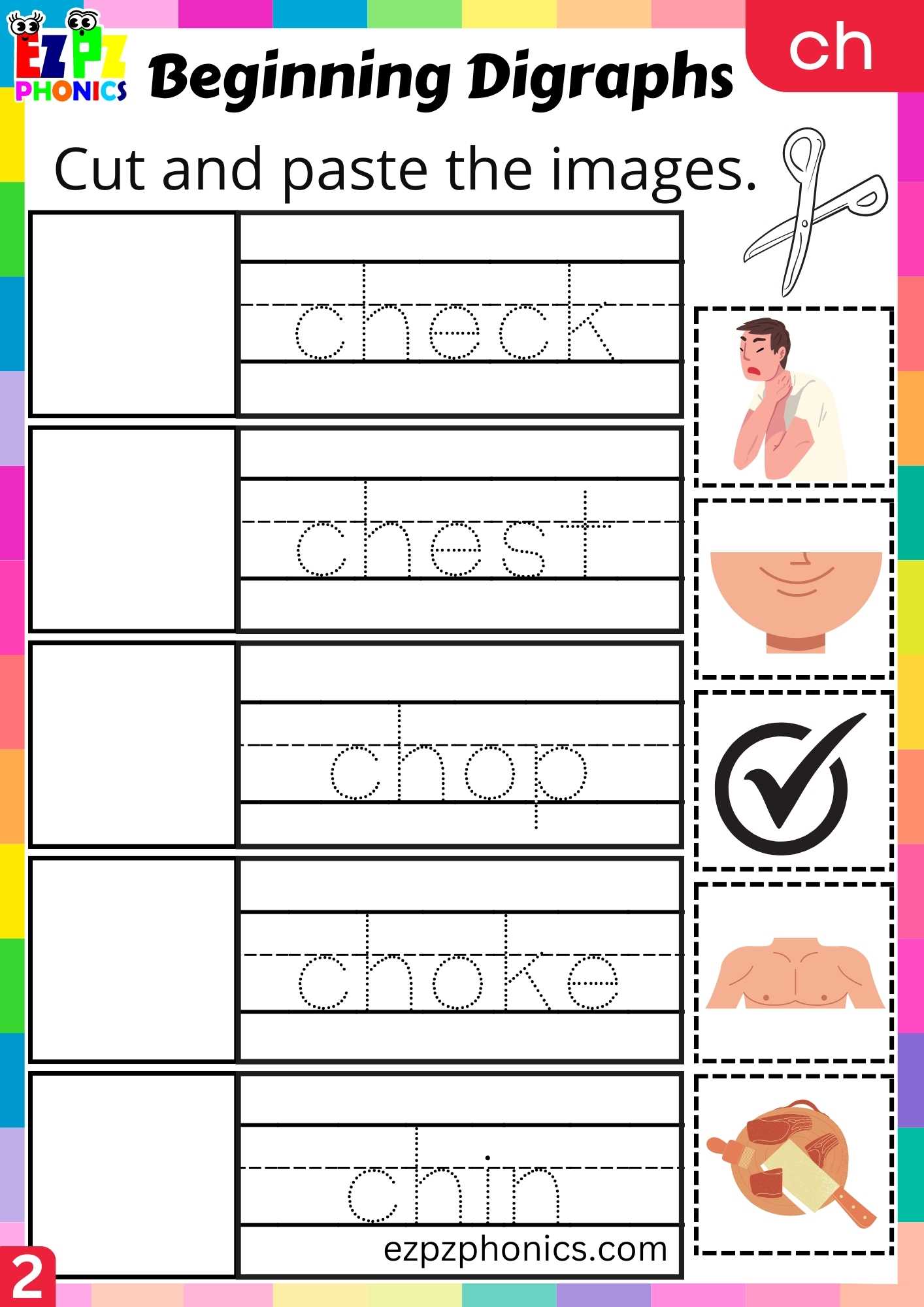 Group2 CH Words Cut And Paste The Images Consonant Digraphs Phonics Beginning Worksheet